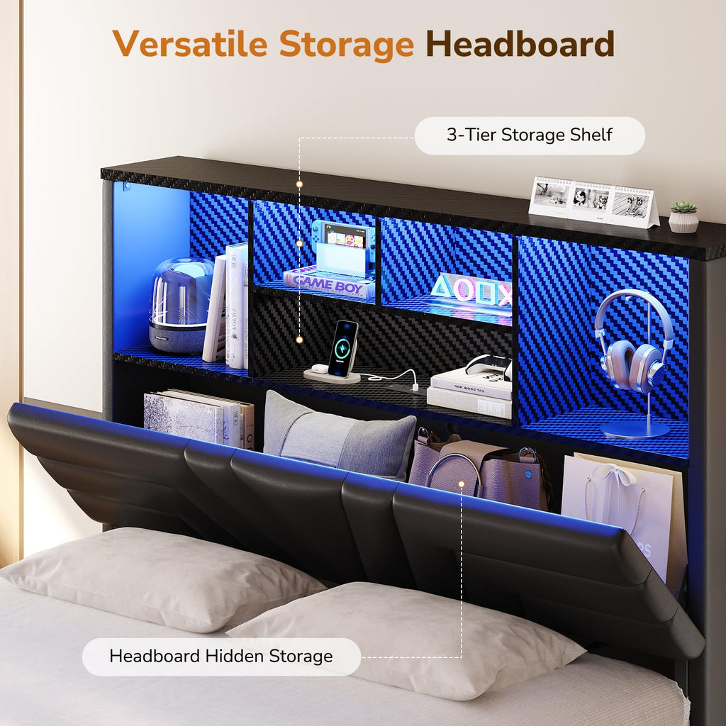 Full Size Bed Frame with 4 Drawers and Storage Headboard, Black Q2083