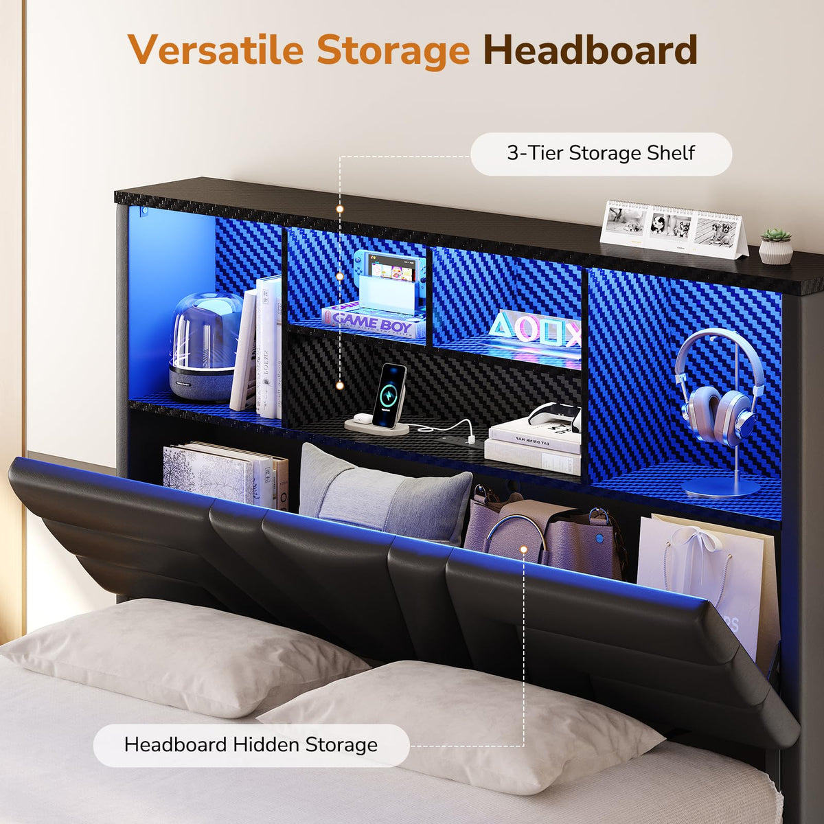 Full Size Bed Frame with 4 Drawers and Storage Headboard, Black Q2083