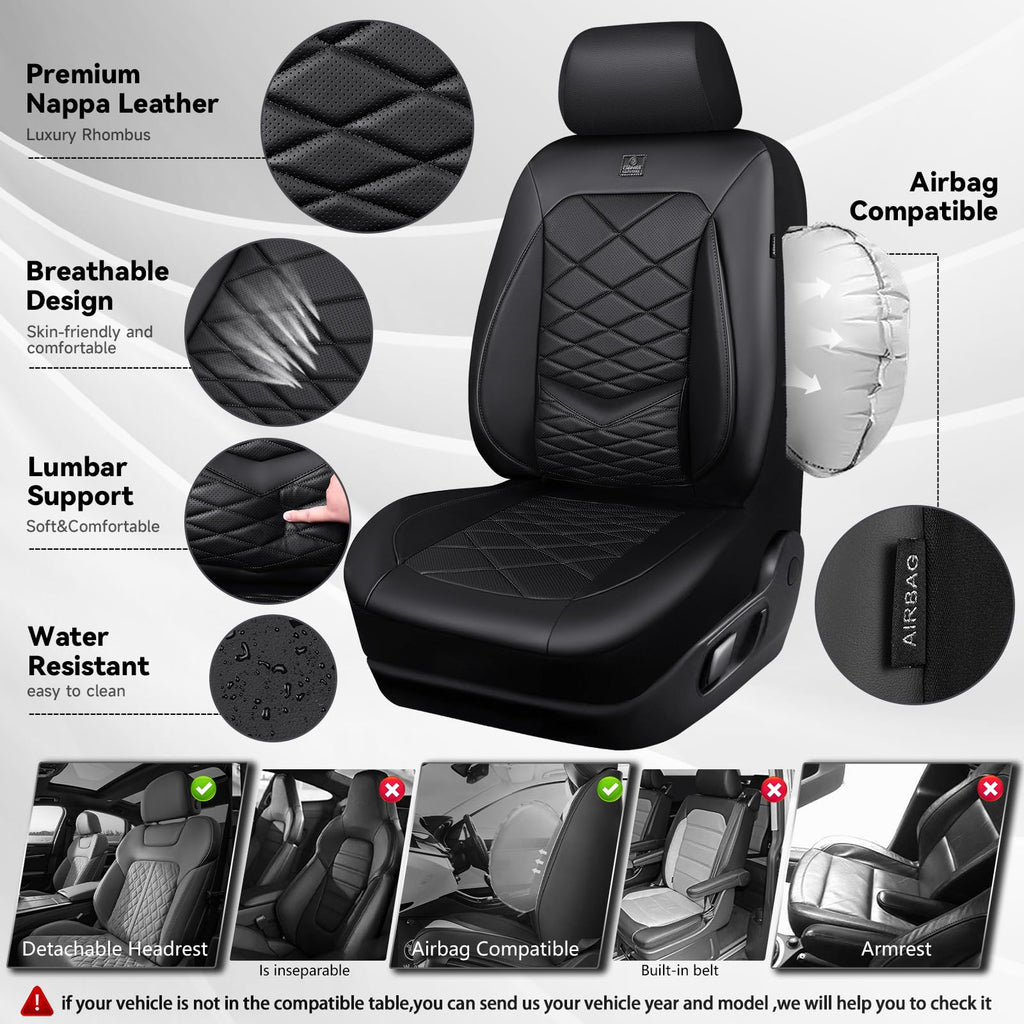Water Resistant Faux Leather Seat Covers Full Set with Lumbar Support Solid Black D7272
