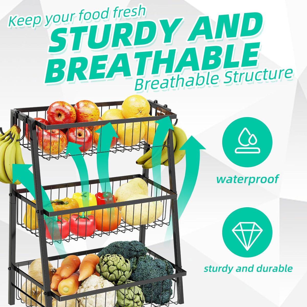 3-Tier Black Metal Wire Fruit Basket with Banana Hooks U720818