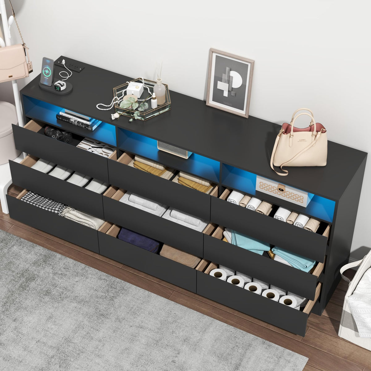 Black 9 Drawer Dresser with LED Lights & Power Outlet O288