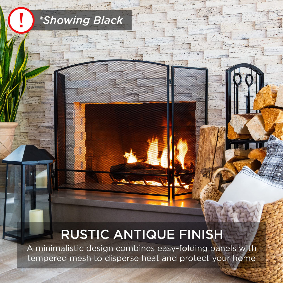 47.5x27.25in 3-Panel Steel Mesh Fireplace Screen T630