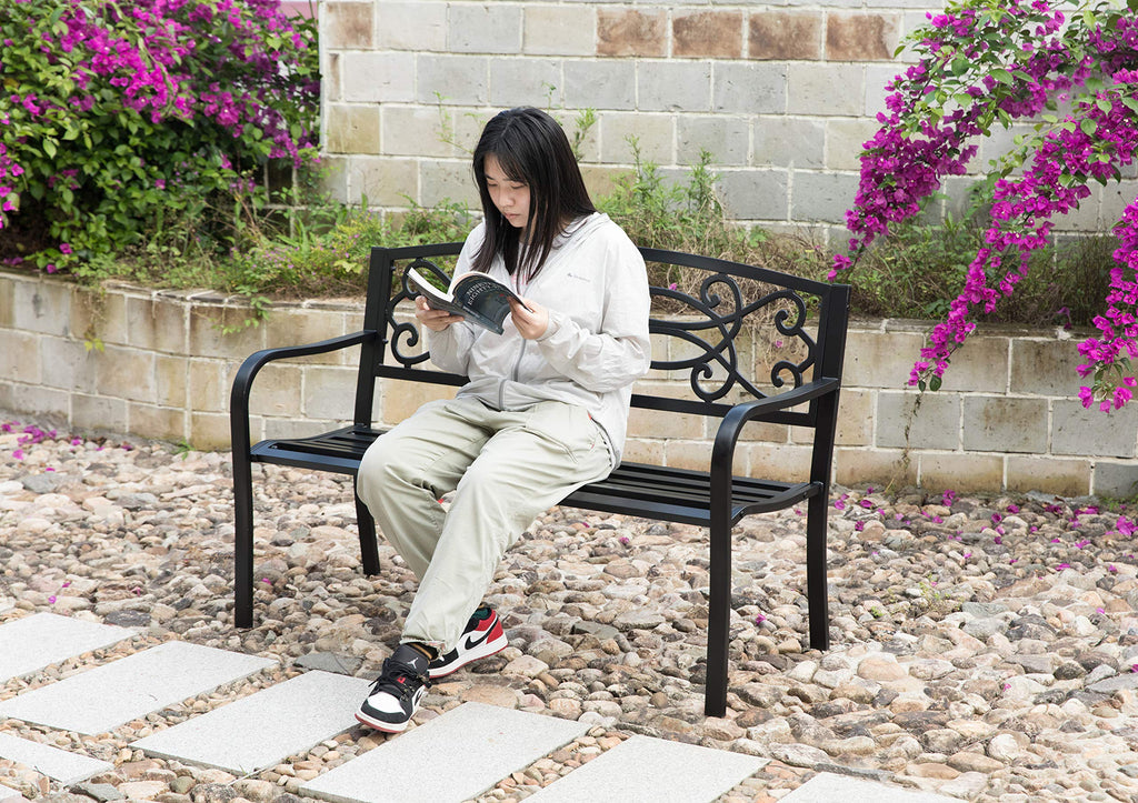 Steel Outdoor Patio Garden Bench with Cast Iron Backrest C467