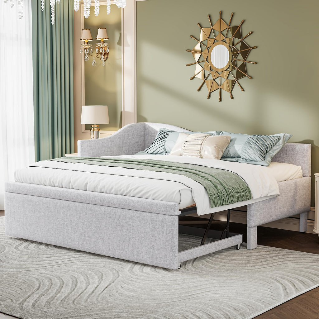 Beige Linen Upholstered Twin Size L-Shaped Daybed with Pop Up Trundle K326371