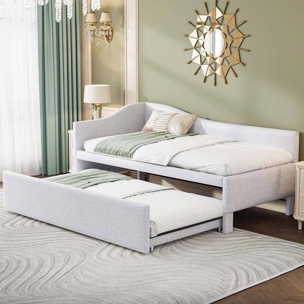 Beige Linen Upholstered Twin Size L-Shaped Daybed with Pop Up Trundle K326371
