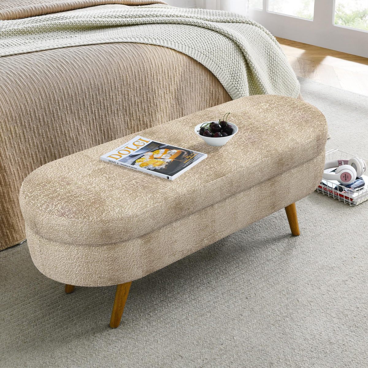 Brown Linen Storage Ottoman Bench B616